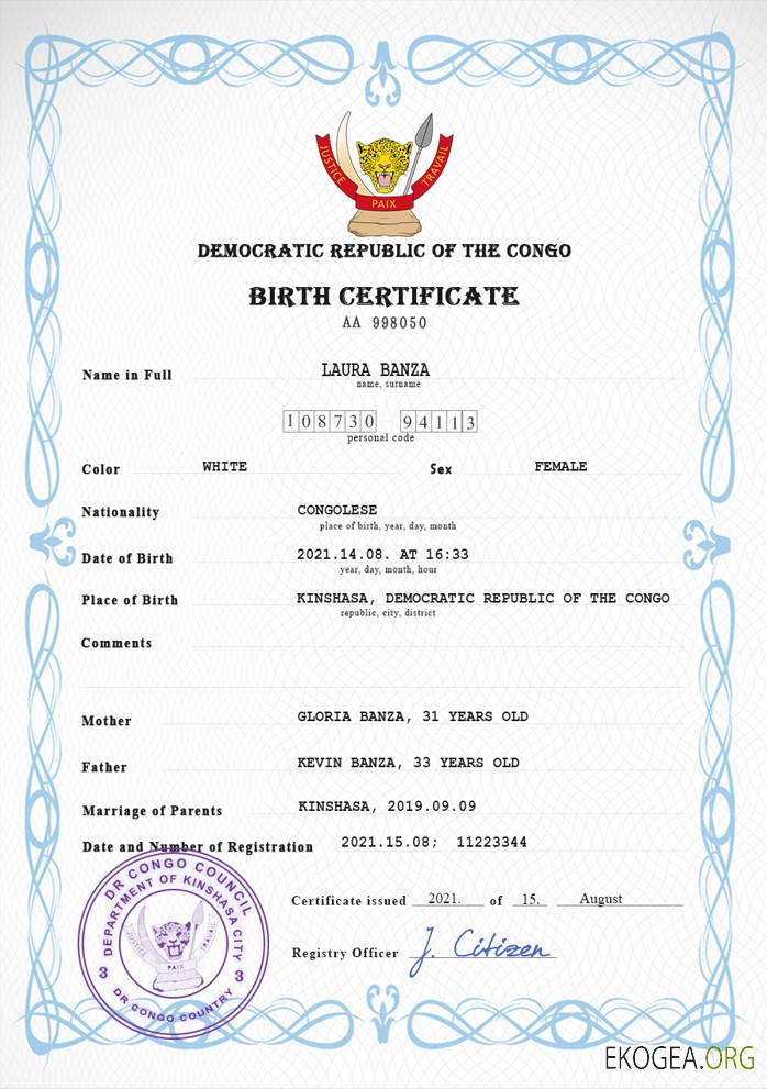 Modèle PSD de certificat de naissance de l'état civil de la République démocratique du Congo